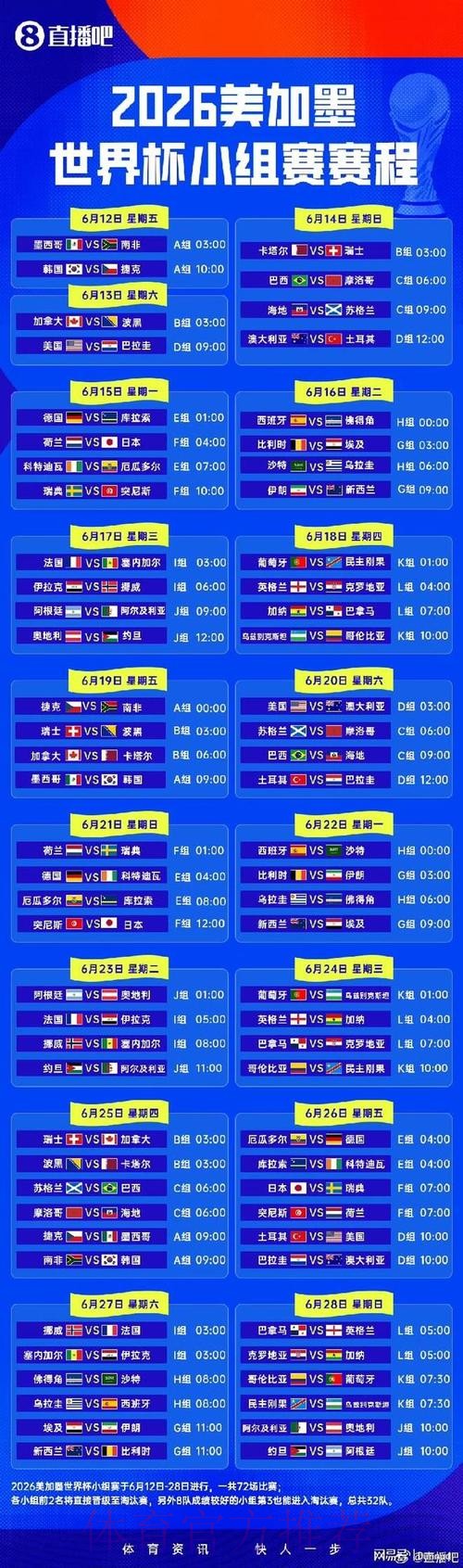 2026世界杯小组赛赛程完整版完整安排免费观看